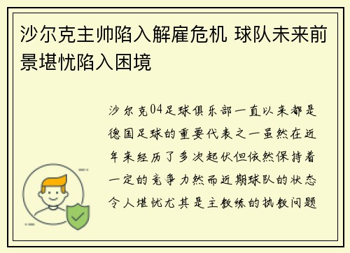 沙尔克主帅陷入解雇危机 球队未来前景堪忧陷入困境